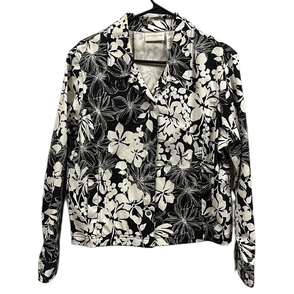 Liz Claiborne Black White Floral Print Cotton Snap Button Up Jacket Womens Large - Picture 5 of 11